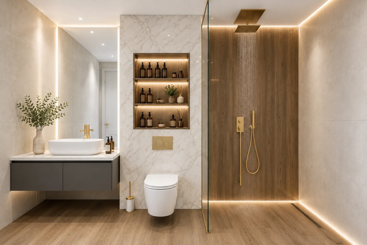 Warm-toned bathroom