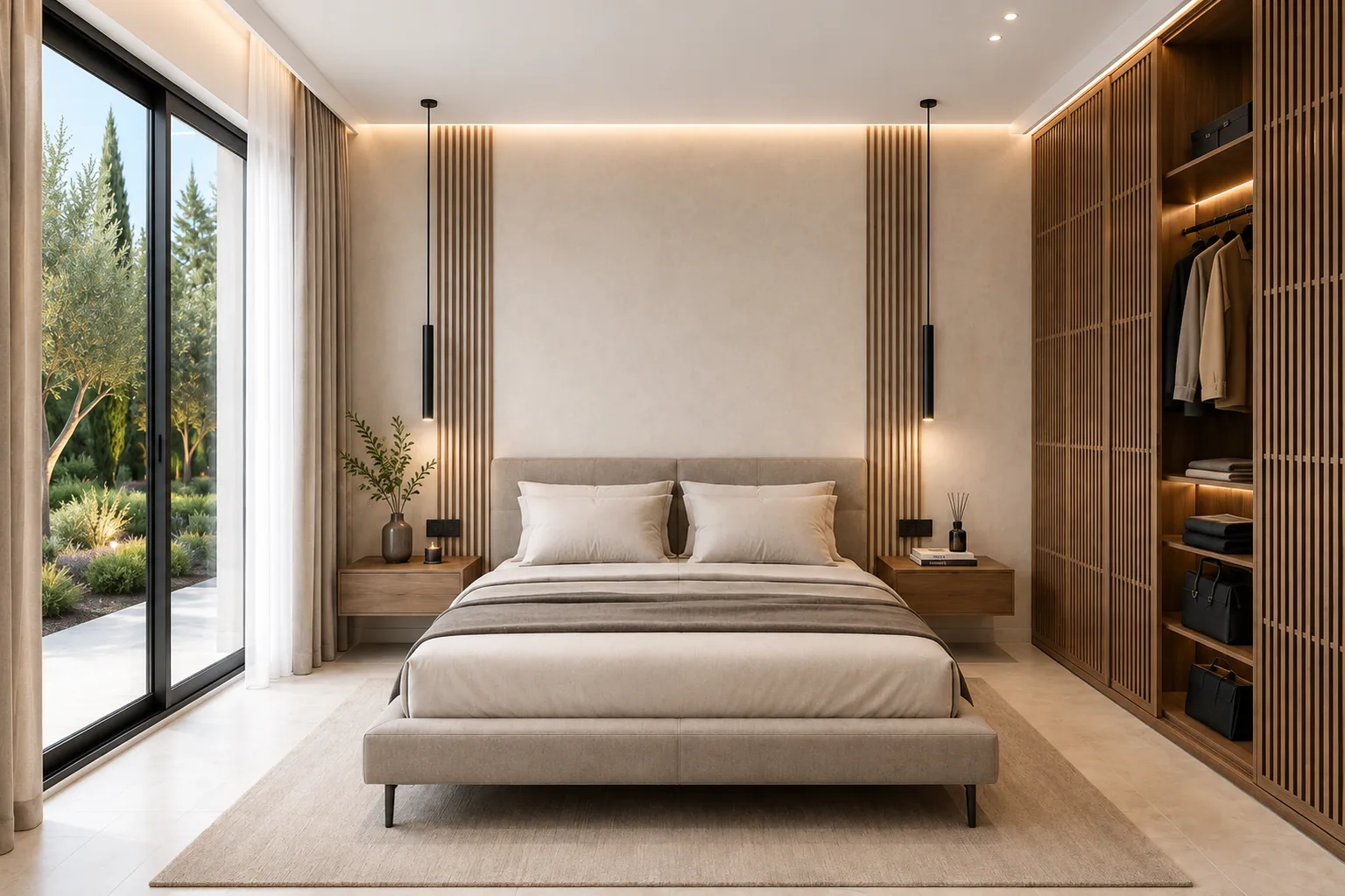 Bedroom with oak slat detailing