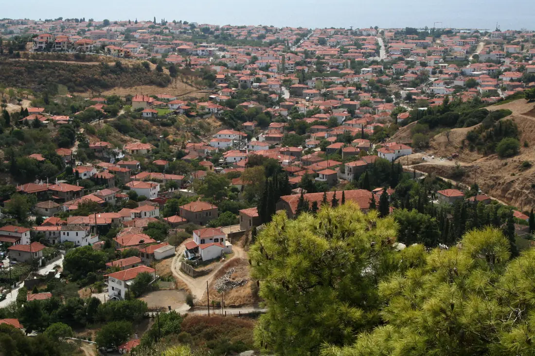 The view across the tiled roofs of old Nikiti to the Toroneos gulf